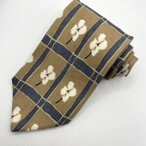 Hugo Boss Italy Men's Silk Tie Floral Necktie Taupe Navy Cream Blue Grids Preppy